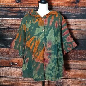 Jayli Top Size L Hooded Hippie Bohemian Poncho Style Button Front Cotton Tie Dye